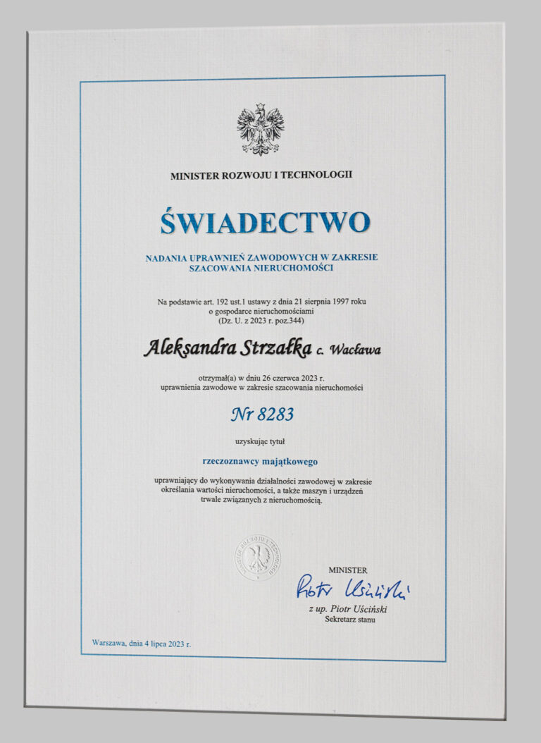 Świadectwo Aleksandra Strzałka Rzeczoznawca Majątkowy